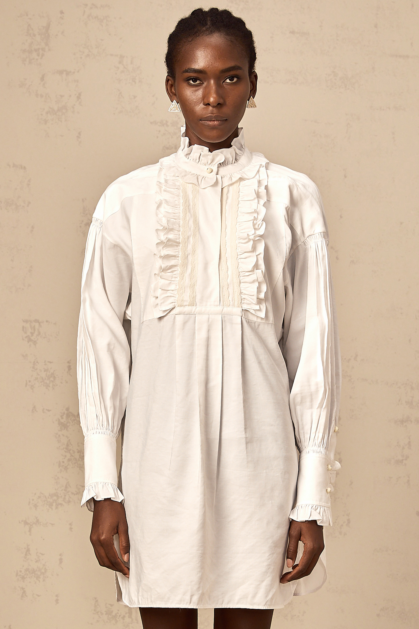 Mélina white lace-trim ruffled mini shirt dress