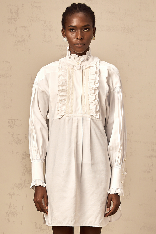 Mélina white lace-trim ruffled mini shirt dress