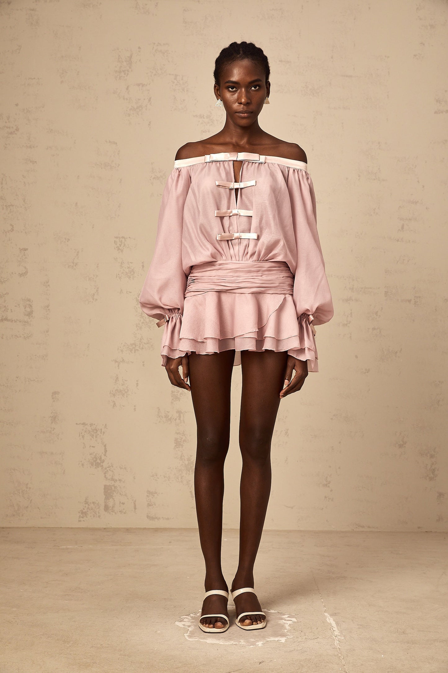 Dulcie pink off-shoulder bowknot flounced mini dress