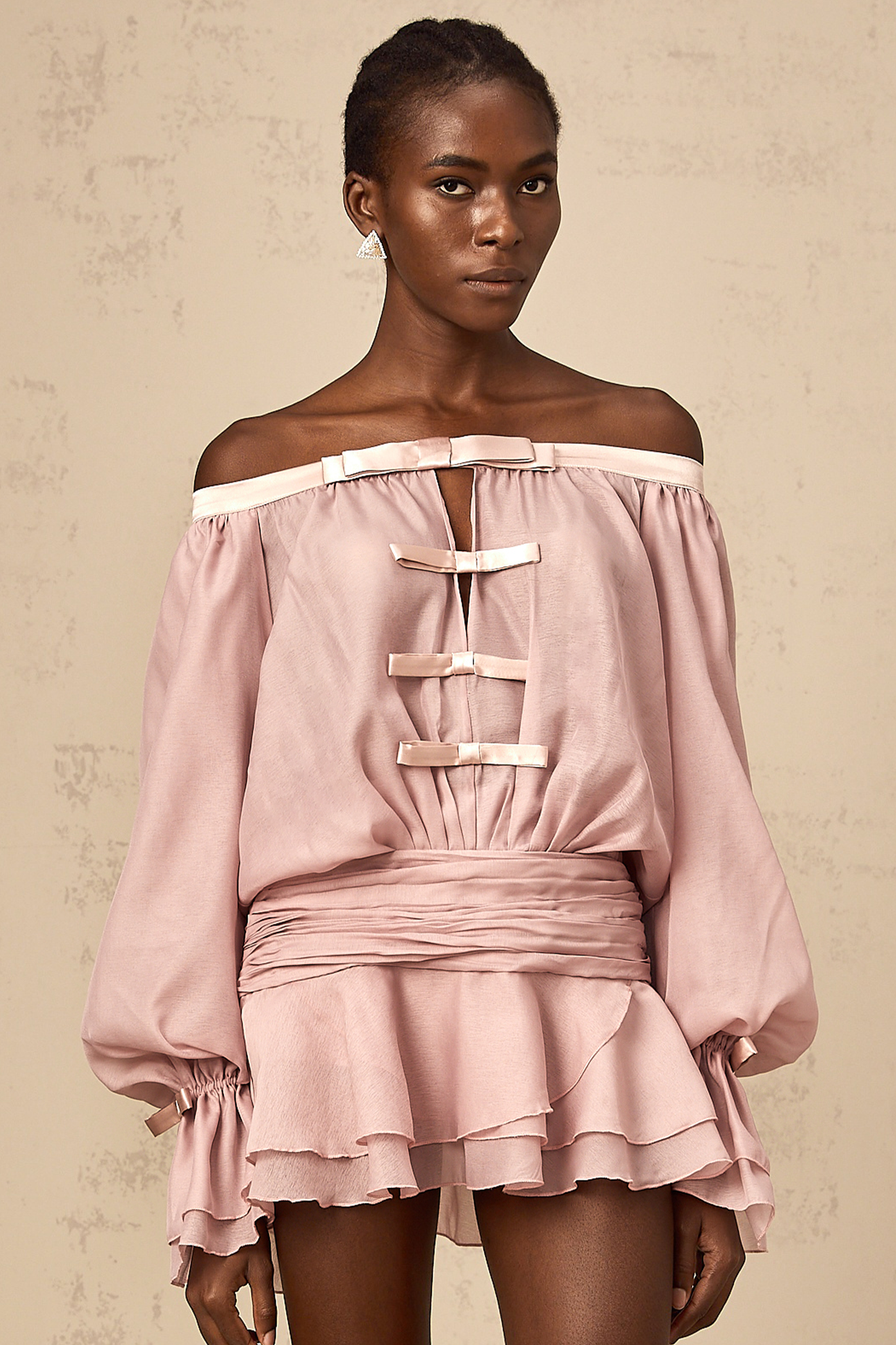 Dulcie pink off-shoulder bowknot flounced mini dress