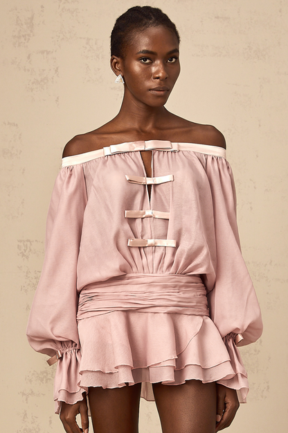 Dulcie pink off-shoulder bowknot flounced mini dress