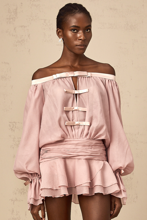 Dulcie pink off-shoulder bowknot flounced mini dress