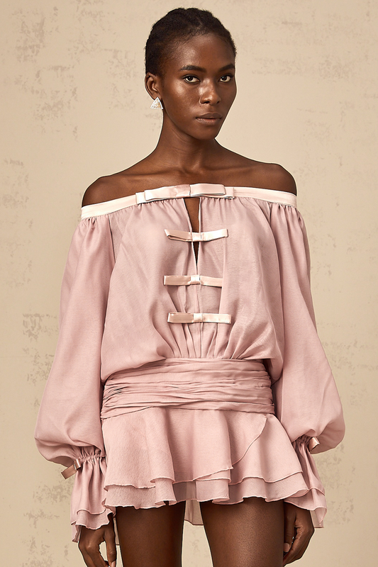 Dulcie pink off-shoulder bowknot flounced mini dress