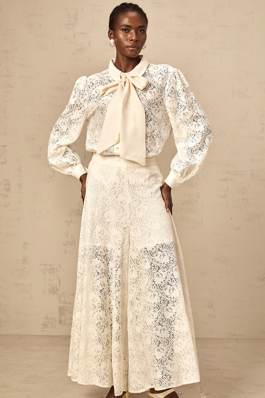 Vanessa white guipure-lace shirt & trousers matching set