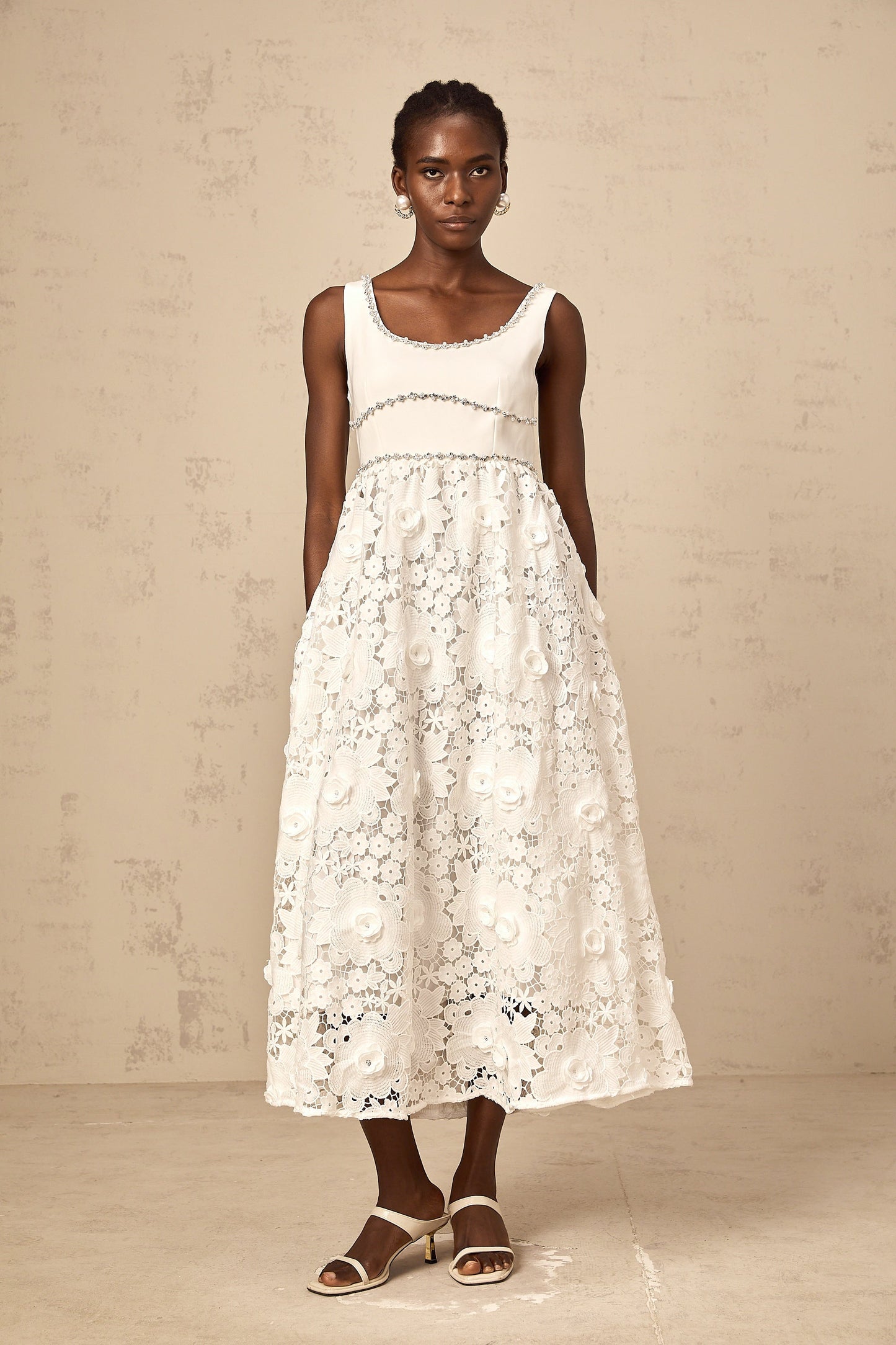 Poema white embellished lace midi dress