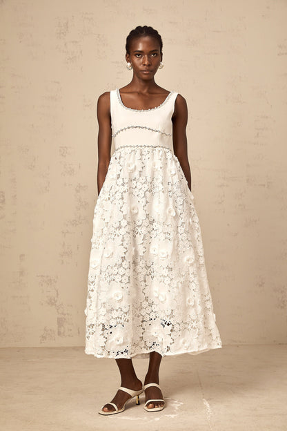 Poema white embellished lace midi dress