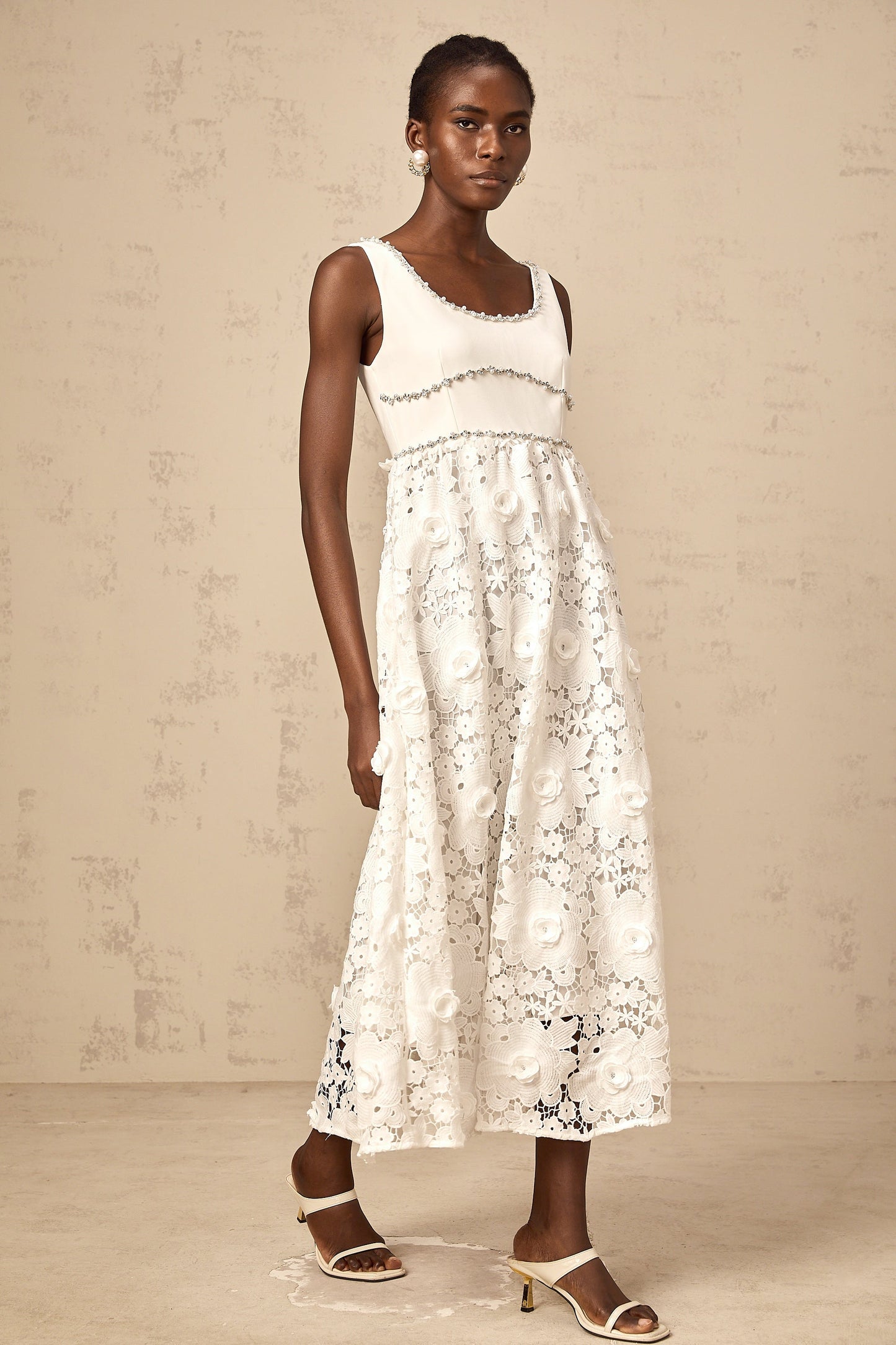 Poema white embellished lace midi dress
