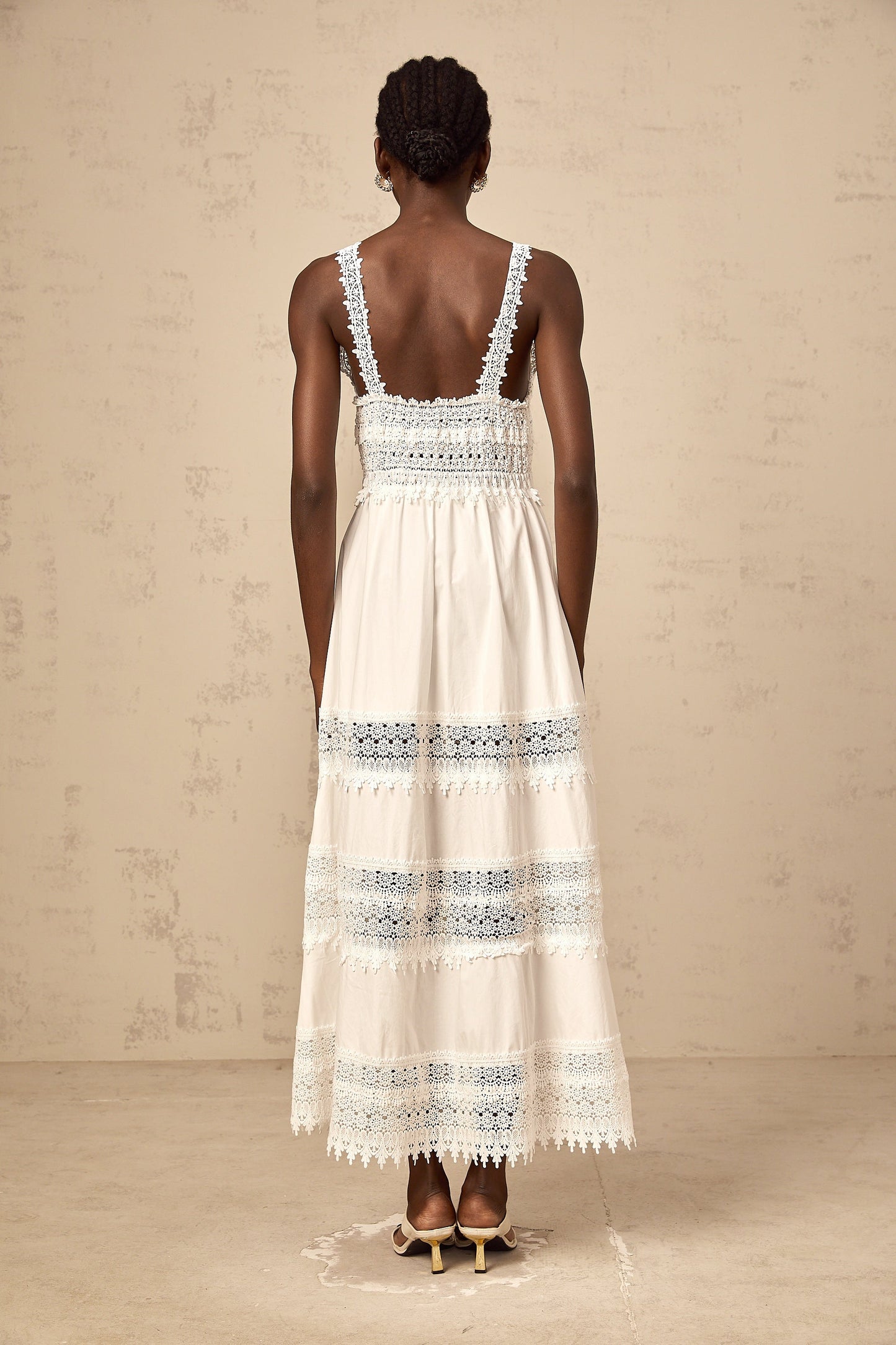Prunelle white hollow-detail lace midi dress