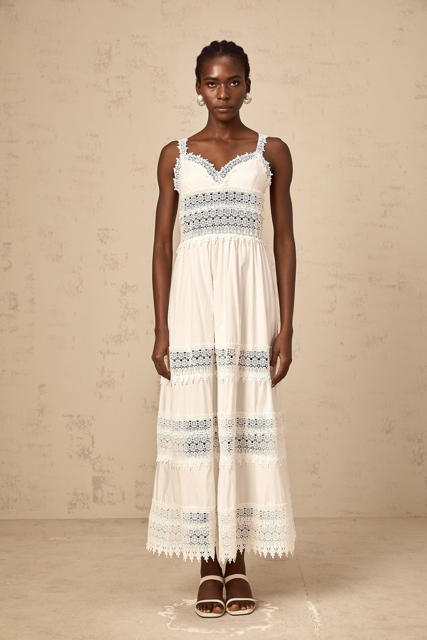 Prunelle white hollow-detail lace midi dress