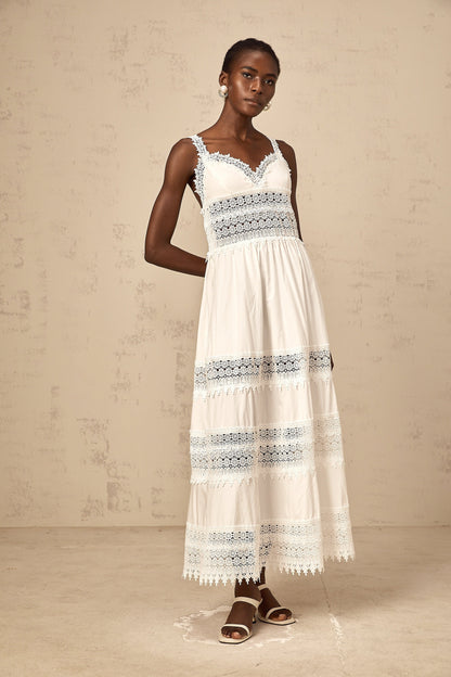 Prunelle white hollow-detail lace midi dress