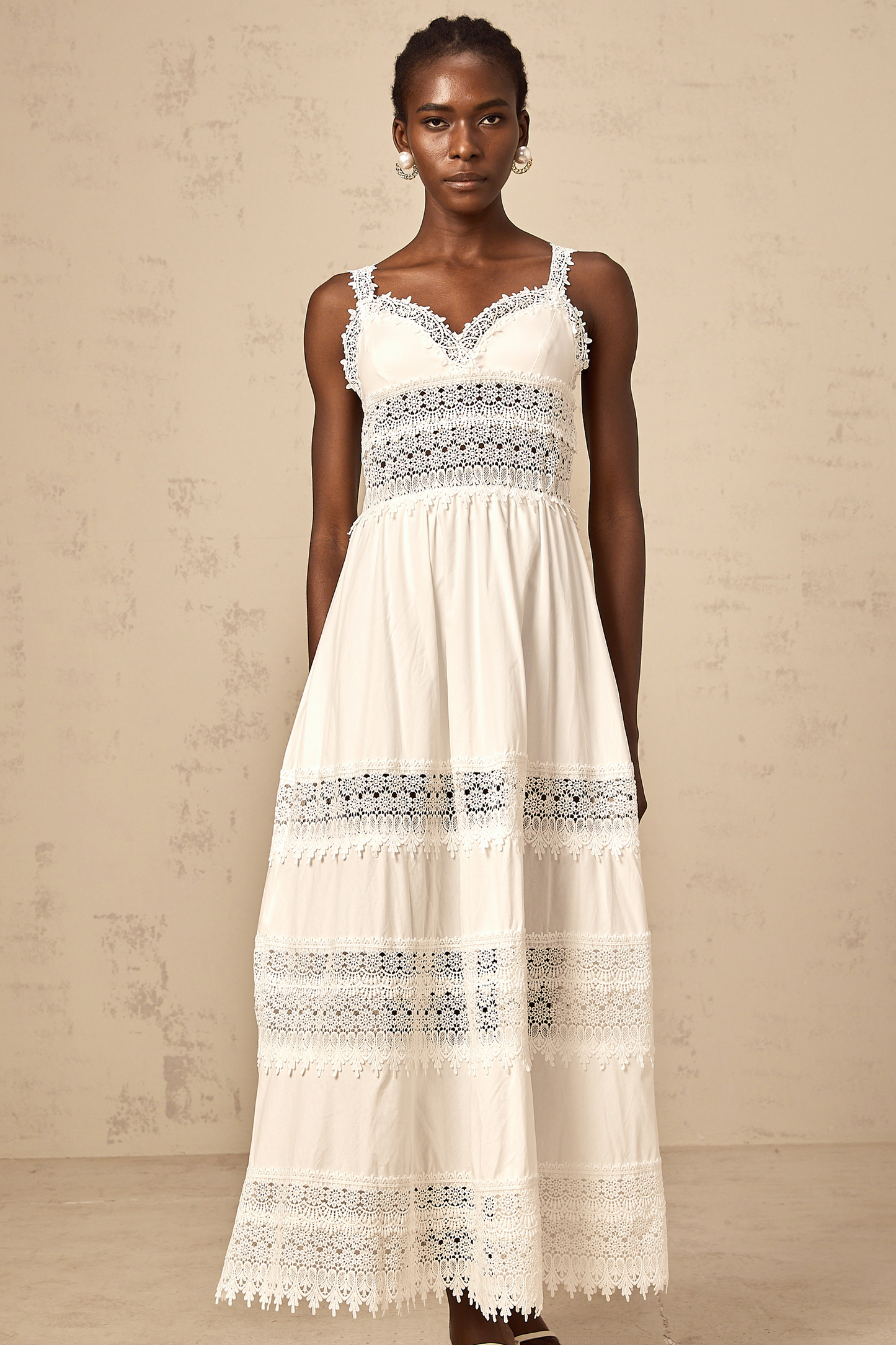 Prunelle white hollow-detail lace midi dress