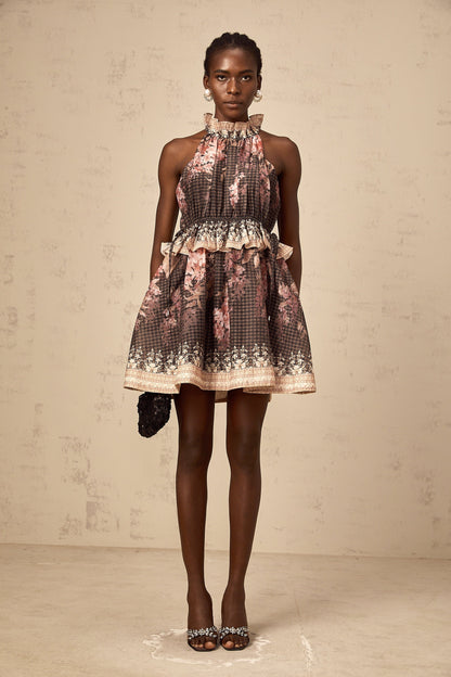 Angéline halterneck floral-print mini dress in Black