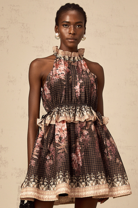 Angéline halterneck floral-print mini dress in Black
