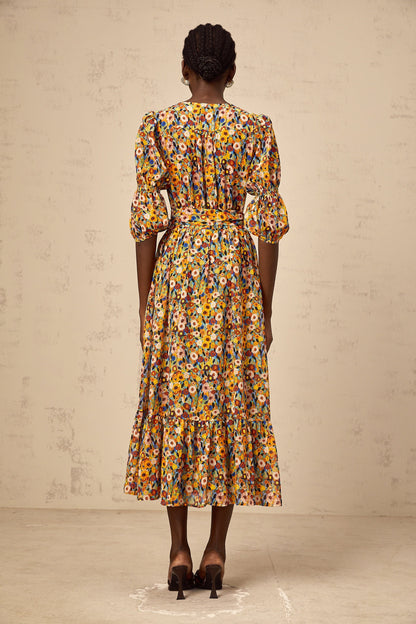 Éliane yellow V-neck floral-print midi dress
