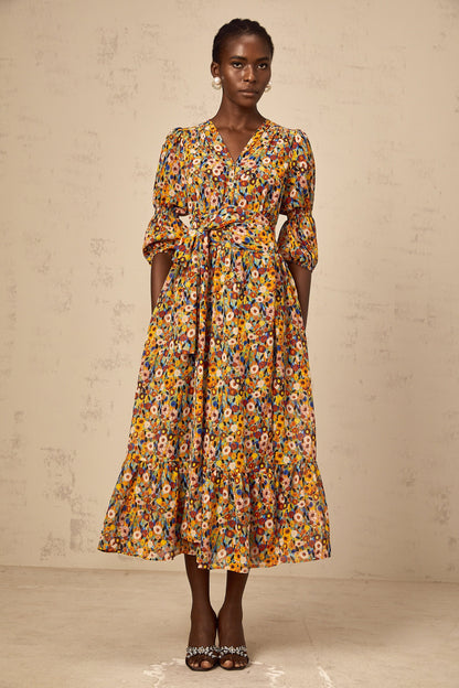 Éliane yellow V-neck floral-print midi dress