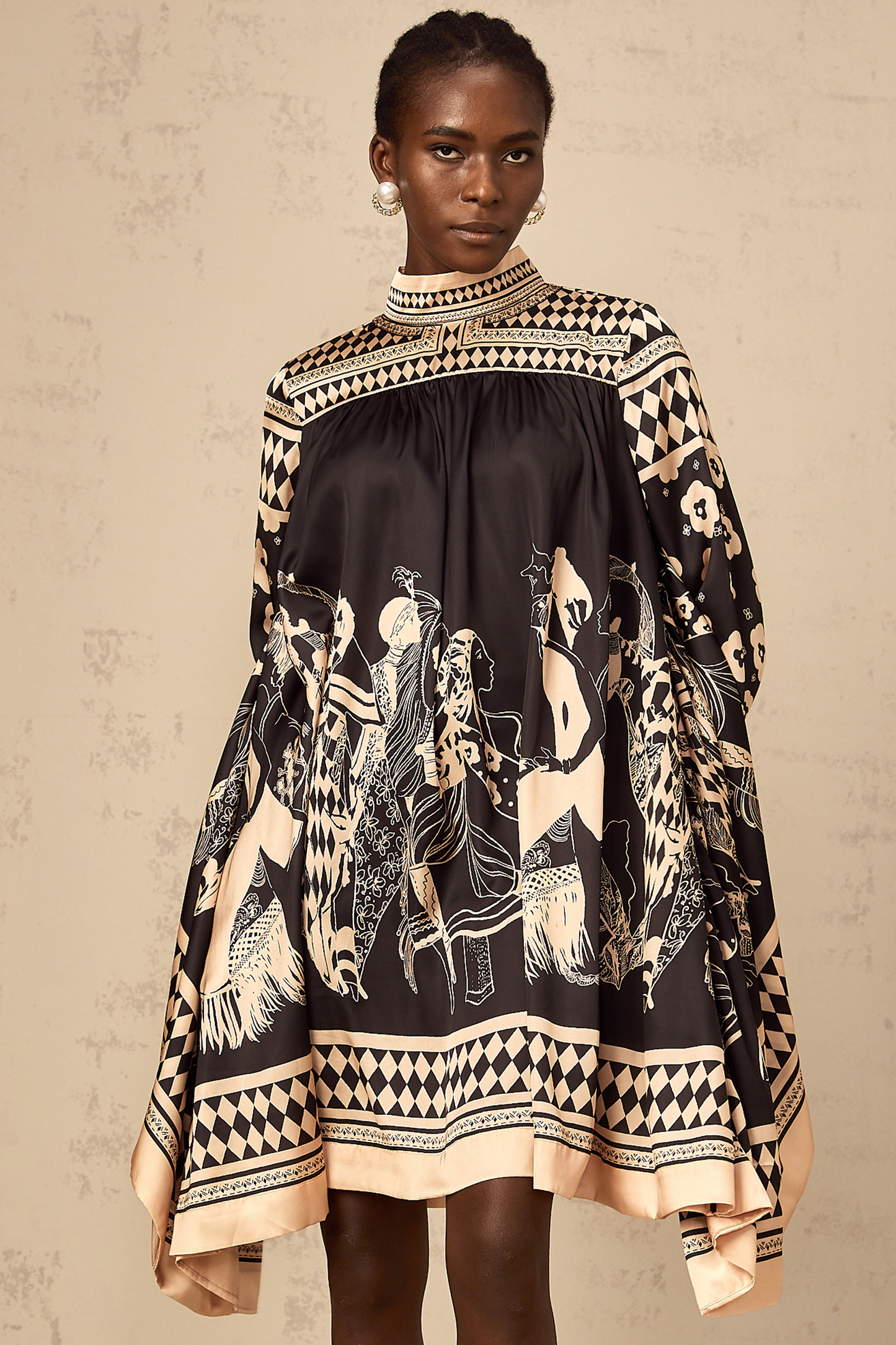Ingrid black pattern-print tied mini dress