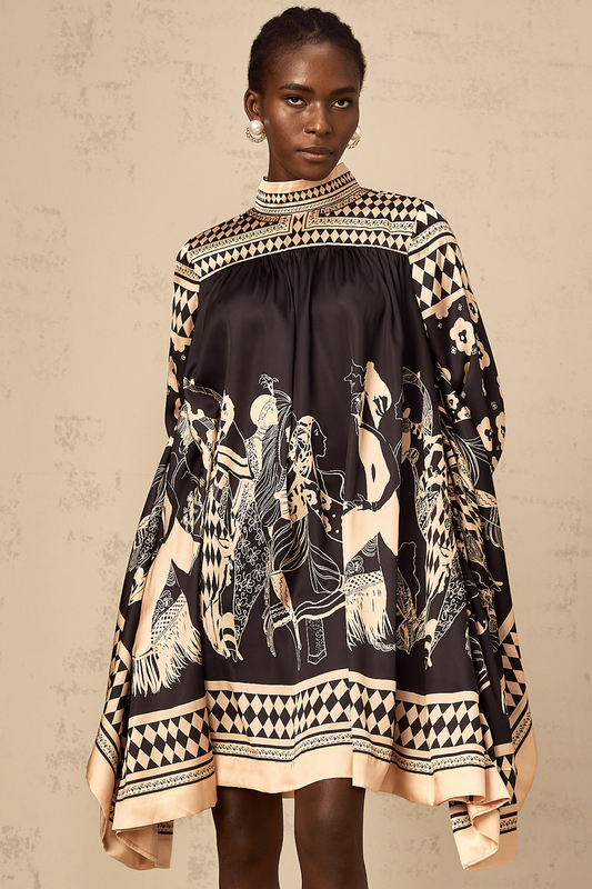 Ingrid black pattern-print tied mini dress