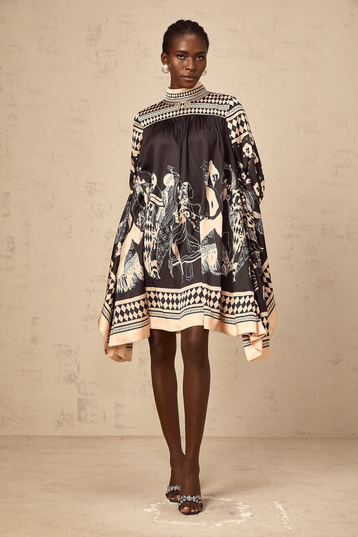 Ingrid black pattern-print tied mini dress