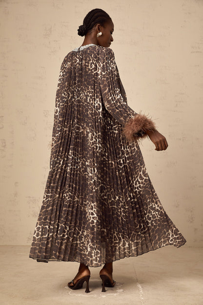 Marthe brown embellished leopard-print pleated maxi dress