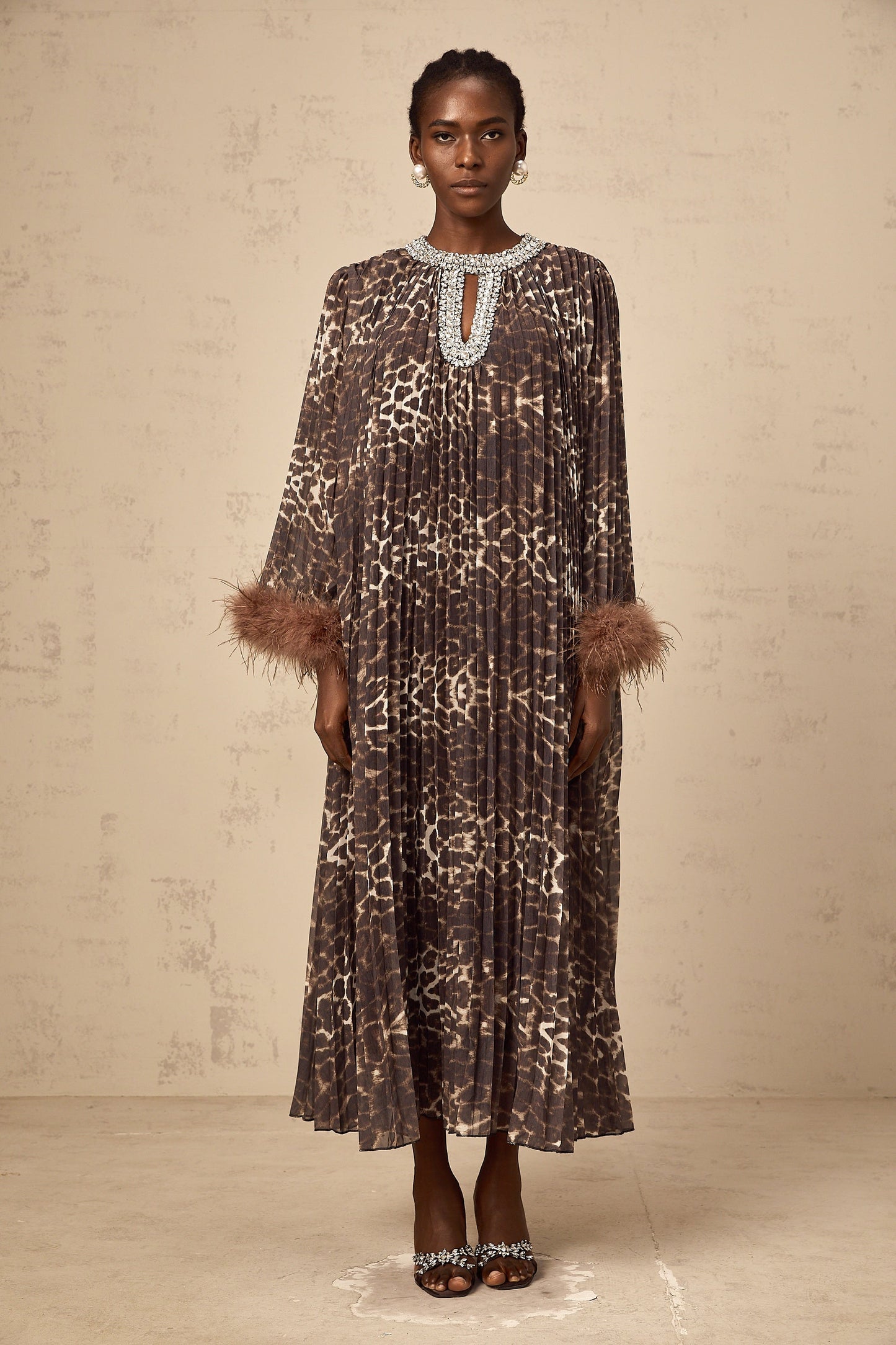 Marthe brown embellished leopard-print pleated maxi dress