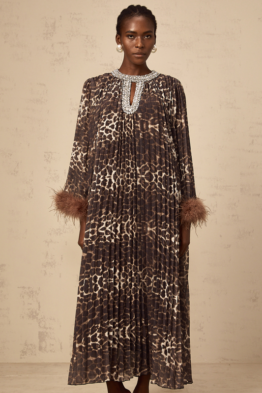 Marthe brown embellished leopard-print pleated maxi dress