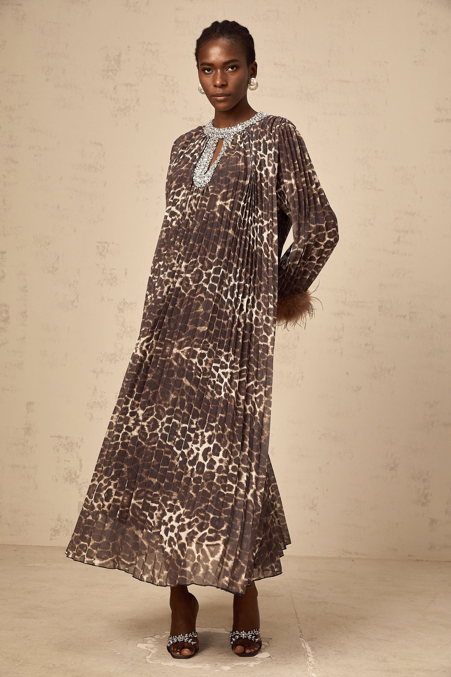 Marthe brown embellished leopard-print pleated maxi dress