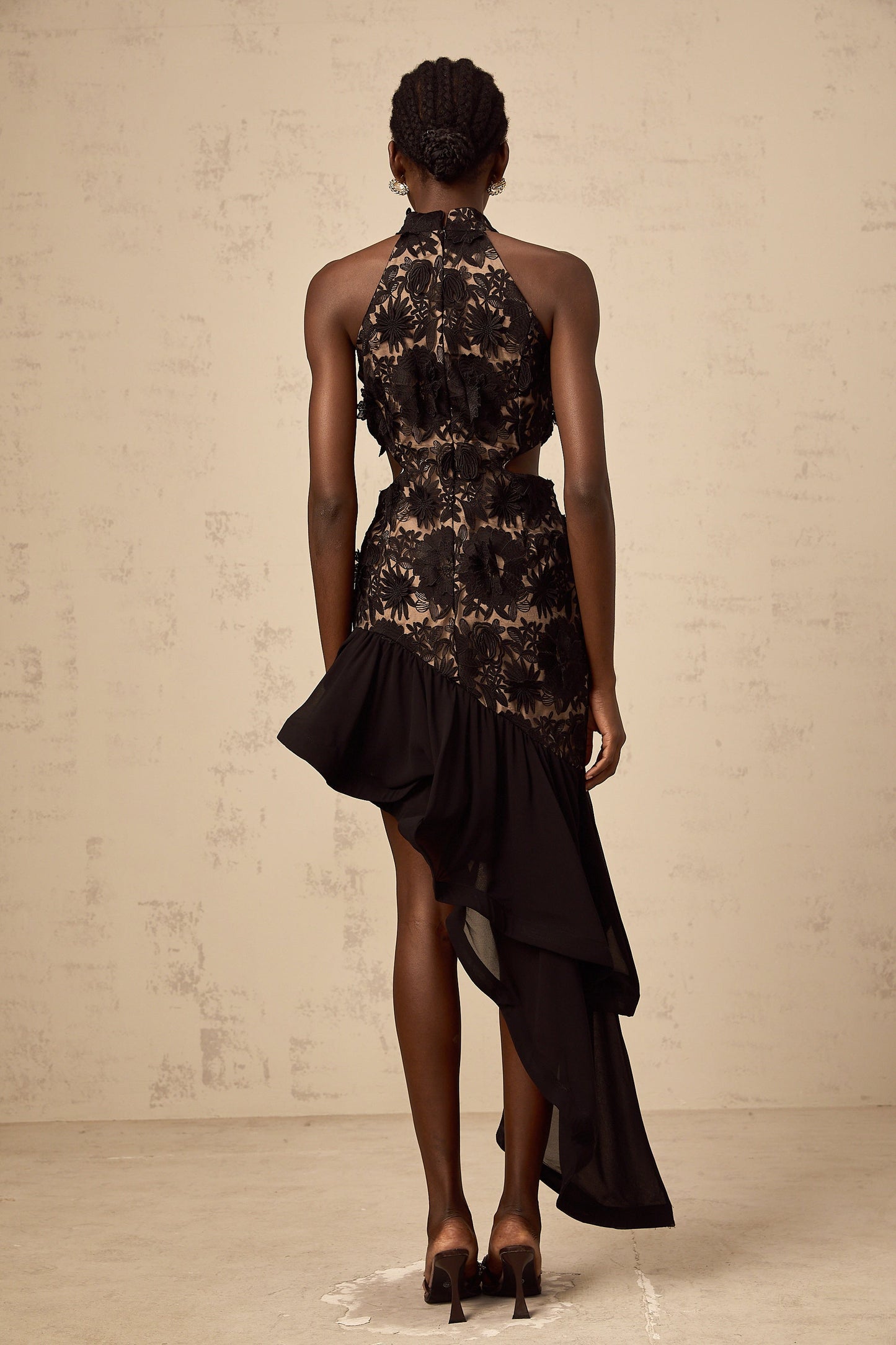 Bernadette black floral-appliqué asymmetric midi dress