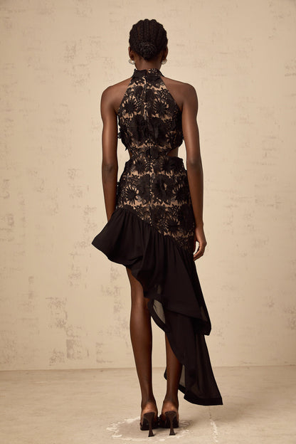 Bernadette black floral-appliqué asymmetric midi dress