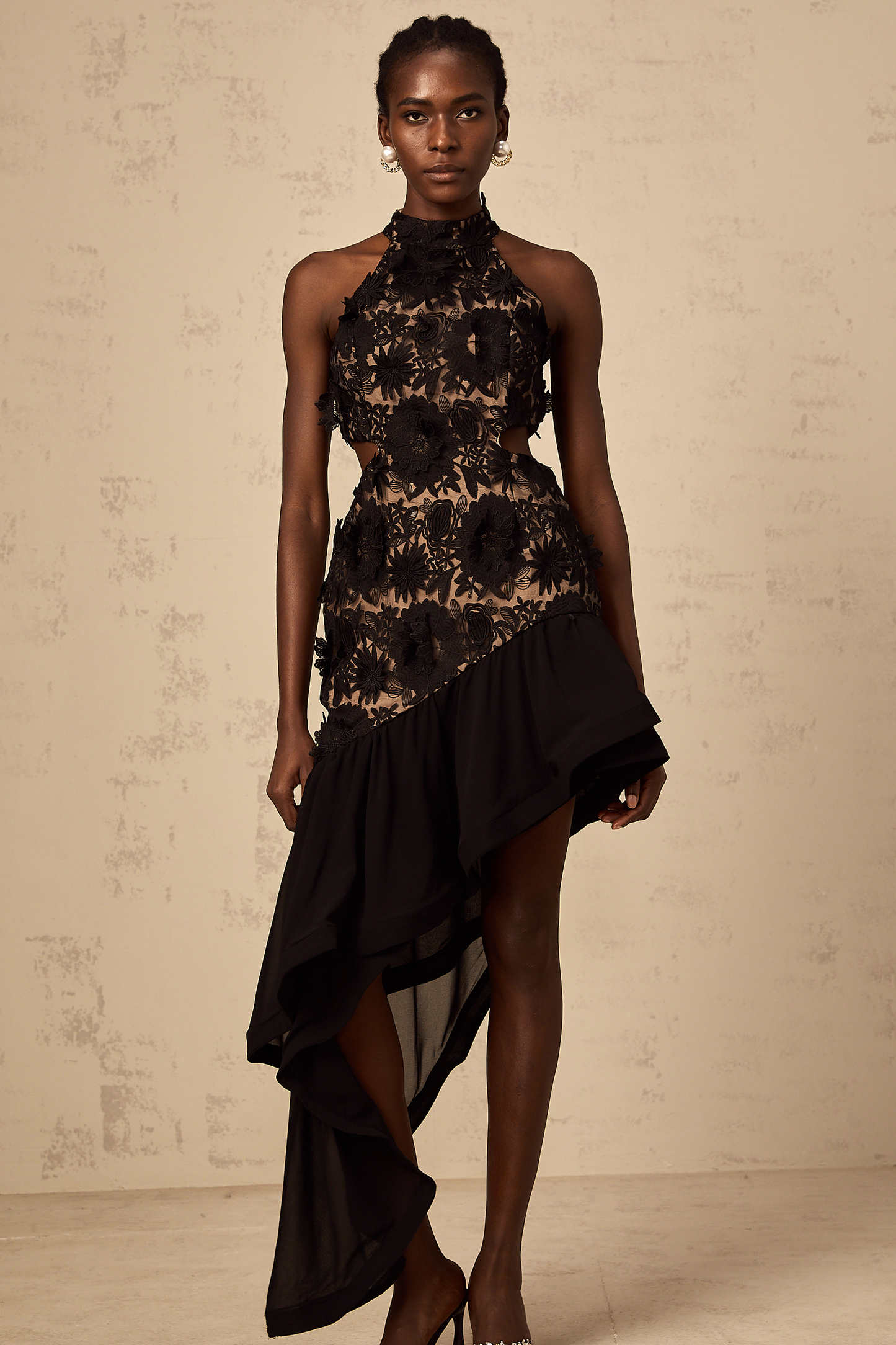 Bernadette black floral-appliqué asymmetric midi dress