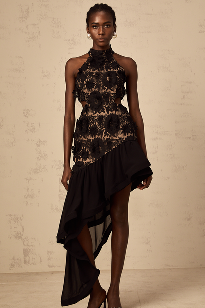 Bernadette black floral-appliqué asymmetric midi dress