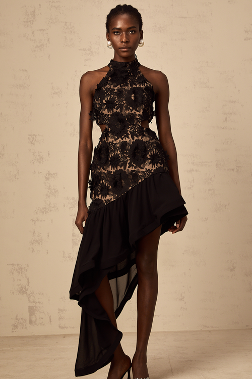Bernadette black floral-appliqué asymmetric midi dress