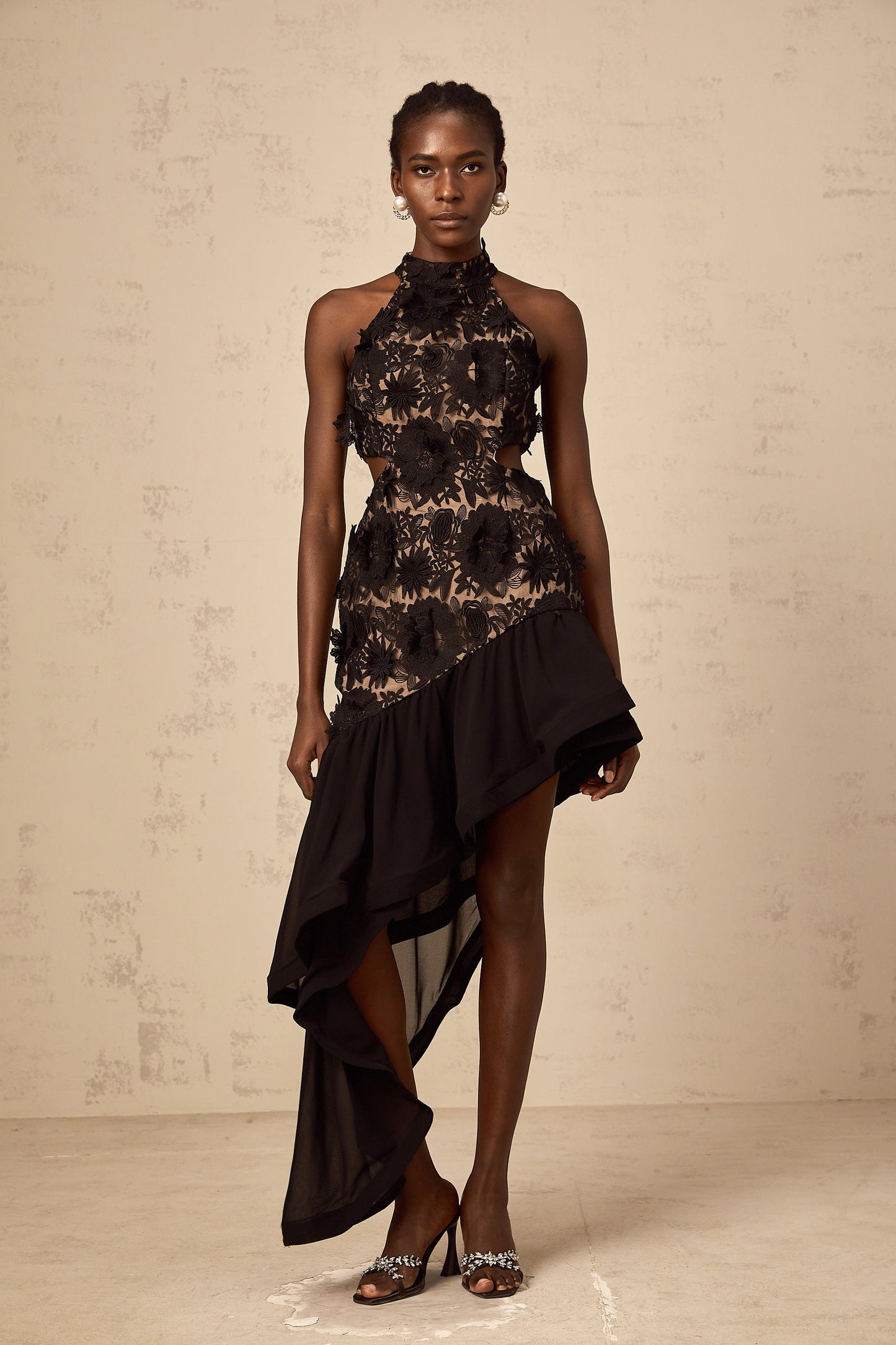 Bernadette black floral-appliqué asymmetric midi dress