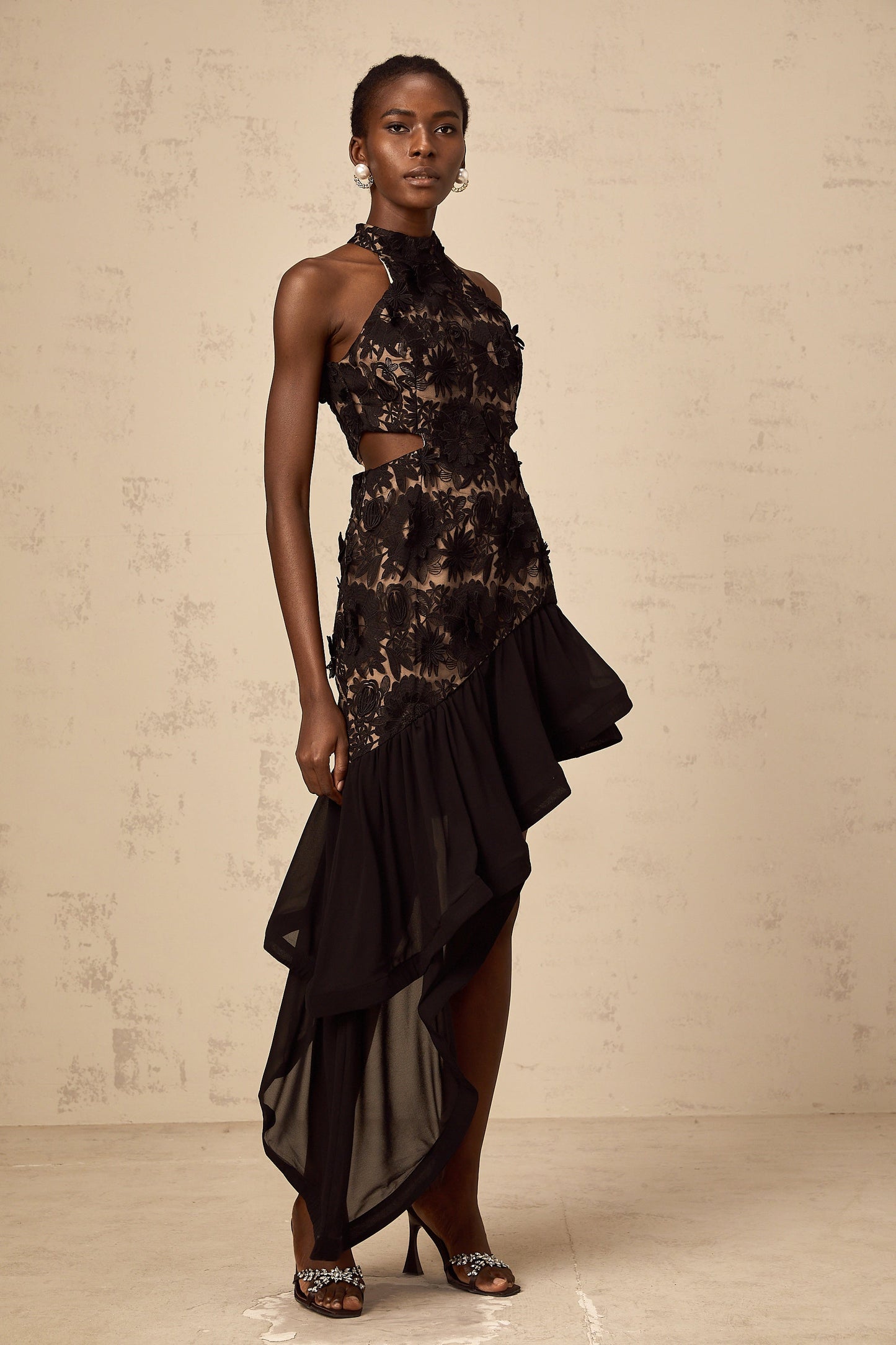 Bernadette black floral-appliqué asymmetric midi dress