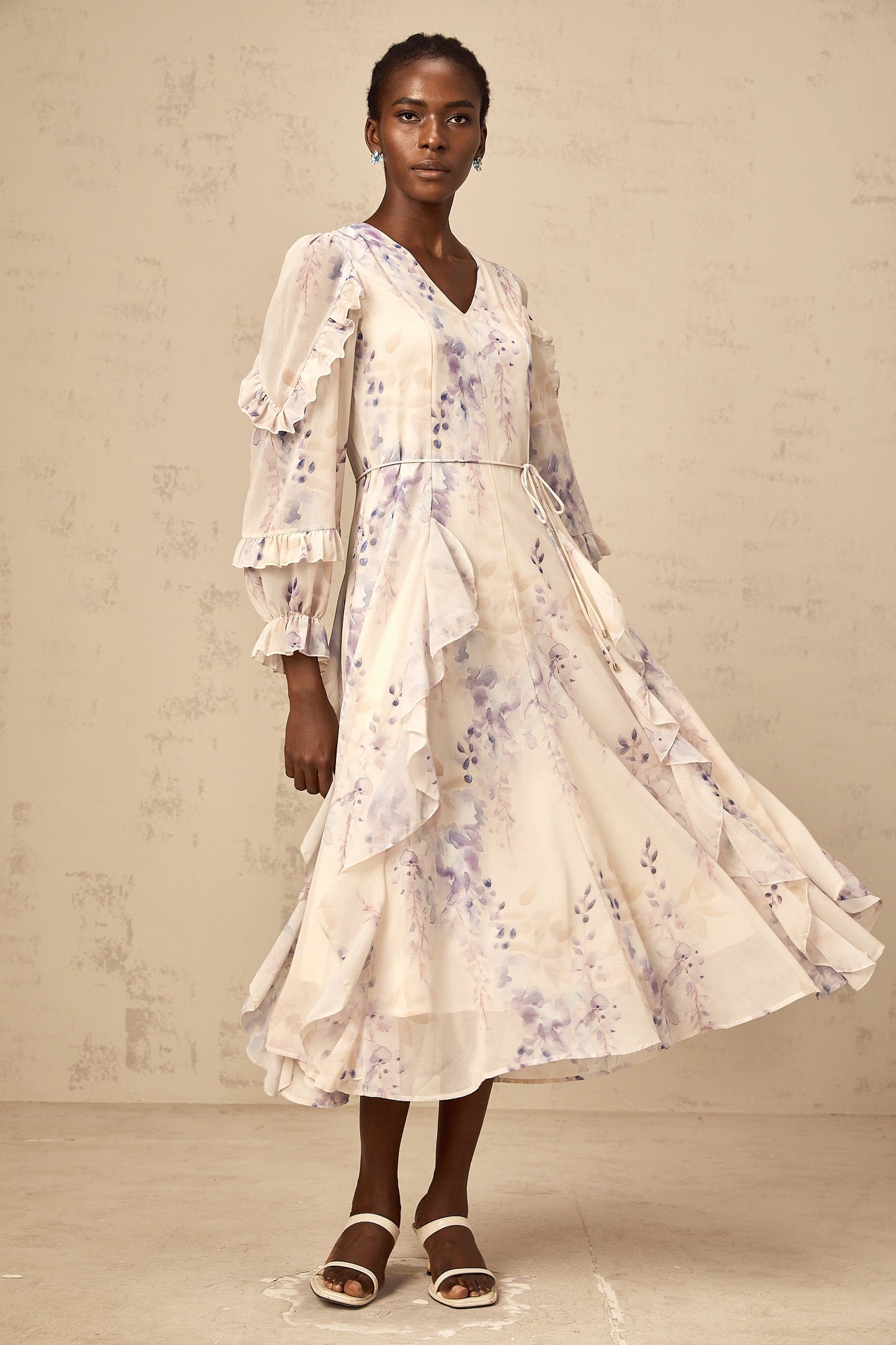 Vivien neutrals wistaria-print flared midi dress