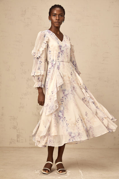 Vivien neutrals wistaria-print flared midi dress