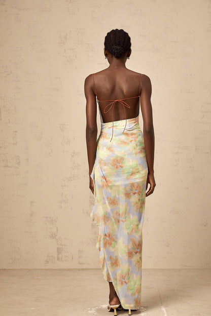 Yseult blue asymmetric floral-print ruched maxi dress