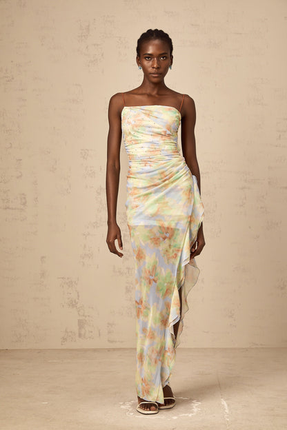 Yseult blue asymmetric floral-print ruched maxi dress