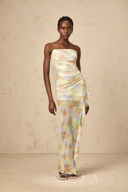 Yseult blue asymmetric floral-print ruched maxi dress