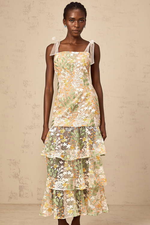 Bérénice white flower-embroidery tiered midi dress