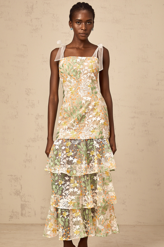 Bérénice white flower-embroidery tiered midi dress