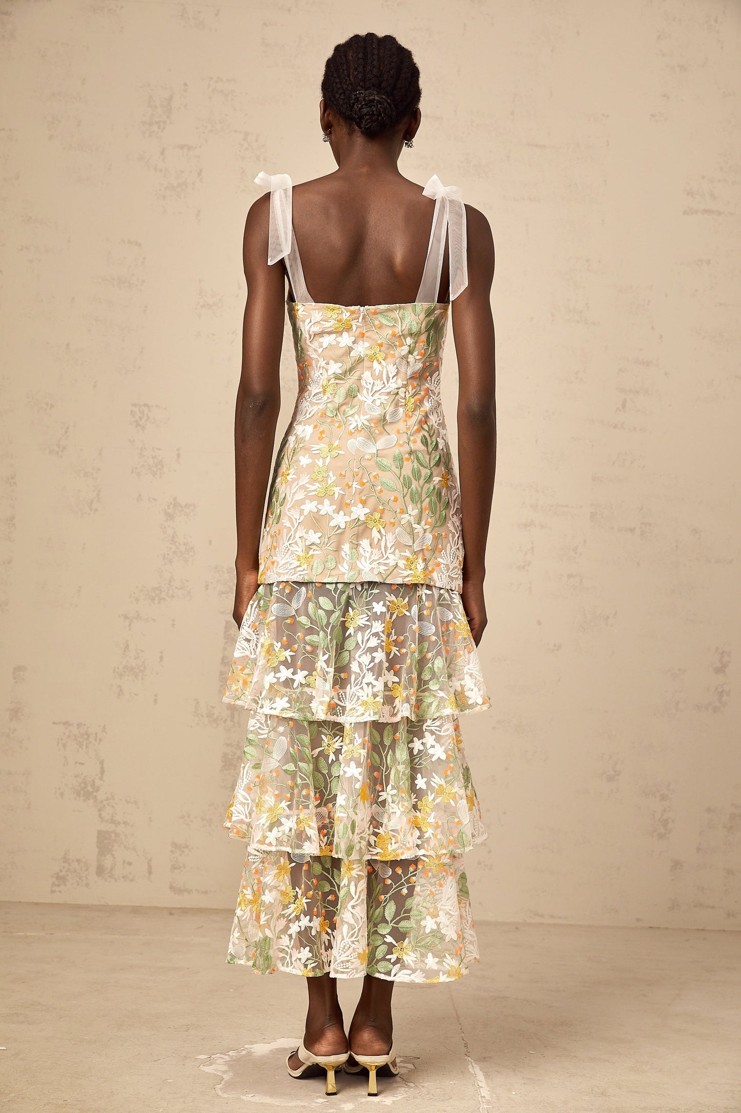 Bérénice white flower-embroidery tiered midi dress