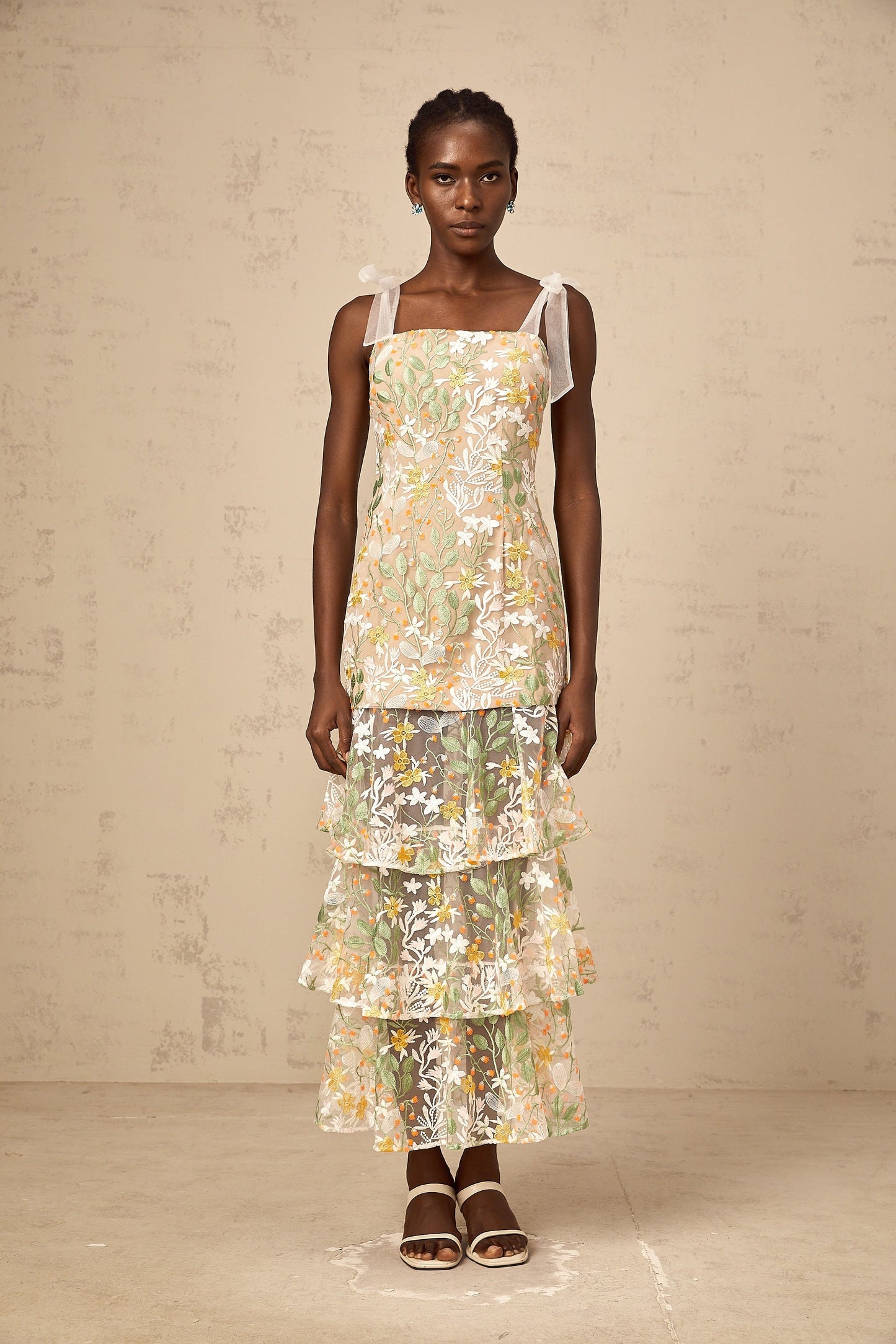 Bérénice white flower-embroidery tiered midi dress