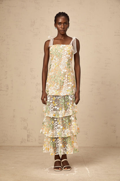 Bérénice white flower-embroidery tiered midi dress
