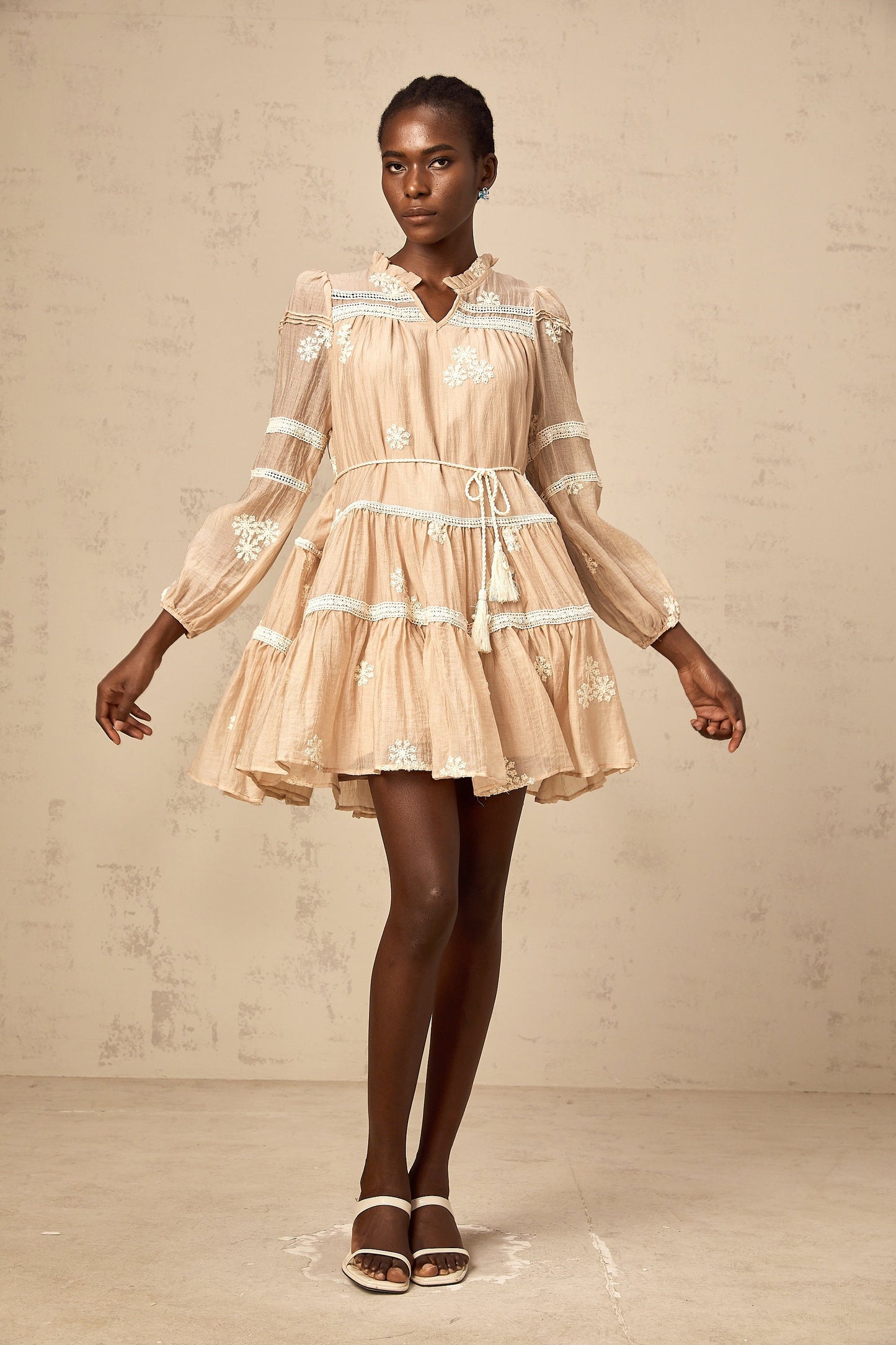 Margaux neutrals flower-embroidery tiered mini dress