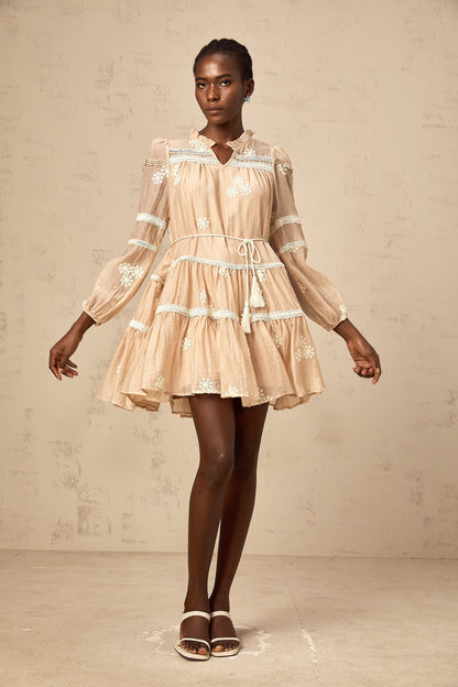 Margaux neutrals flower-embroidery tiered mini dress