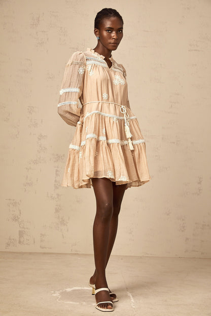 Margaux neutrals flower-embroidery tiered mini dress