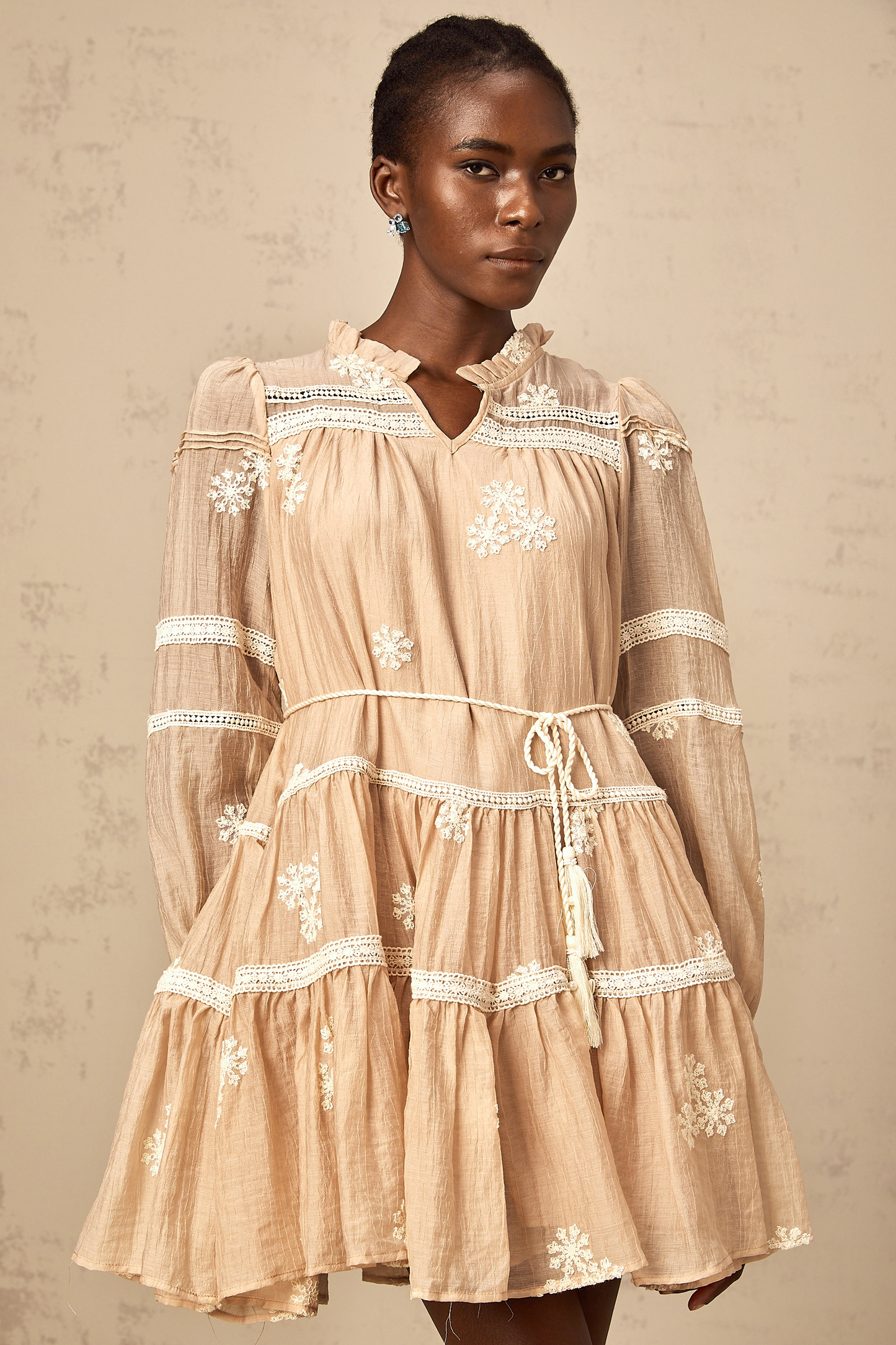 Margaux neutrals flower-embroidery tiered mini dress