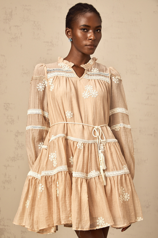 Margaux neutrals flower-embroidery tiered mini dress