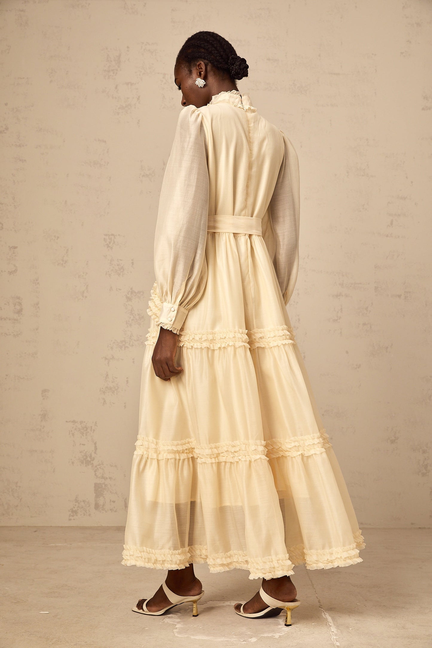Marceline yellow ruffled-trim tiered midi dress