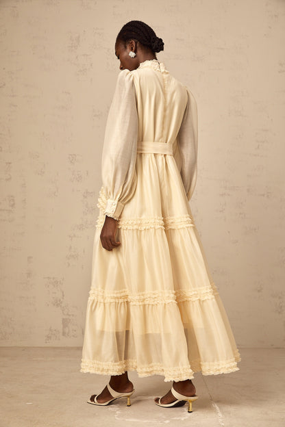 Marceline yellow ruffled-trim tiered midi dress
